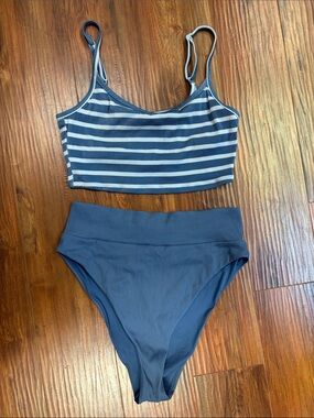 aerie Blue Striped Crop Bikini Top with Solid High-Waist Bottom.